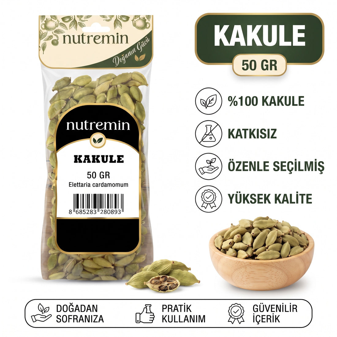 Nutremin Kakule 50 gr, paket, özellik simgeleri ve ürün dolu ahşap kase