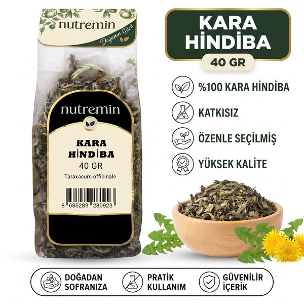 Nutremin Kara Hindiba 40 gr, paket, özellik simgeleri ve ürün dolu ahşap kase