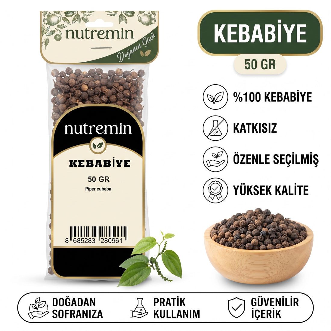 Nutremin Kebabiye 50 gr, paket, özellik simgeleri ve ürün dolu ahşap kase
