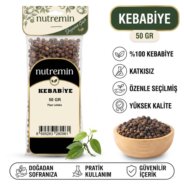 Nutremin Kebabiye 50 gr, paket, özellik simgeleri ve ürün dolu ahşap kase