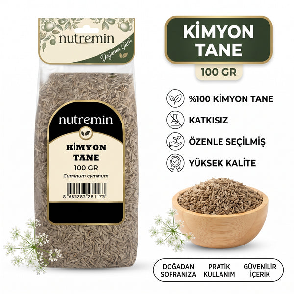 Nutremin Kimyon Tane 100 gr, paket, özellik simgeleri ve ürün dolu ahşap kase