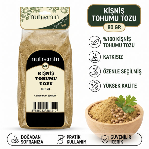 Nutremin Kişniş Tohumu Tozu 80 gr, paket, özellik simgeleri ve ürün dolu ahşap kase