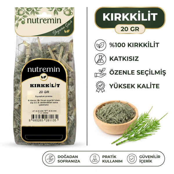 Nutremin Kırkkilit 20 gr, şeffaf paket, kurutulmuş kırkkilit dolu ahşap kase ve taze kırkkilit dalları