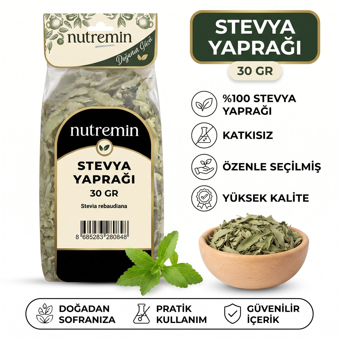 Nutremin Stevya Yaprağı 30 gr, paket, özellik simgeleri ve ürün dolu ahşap kase