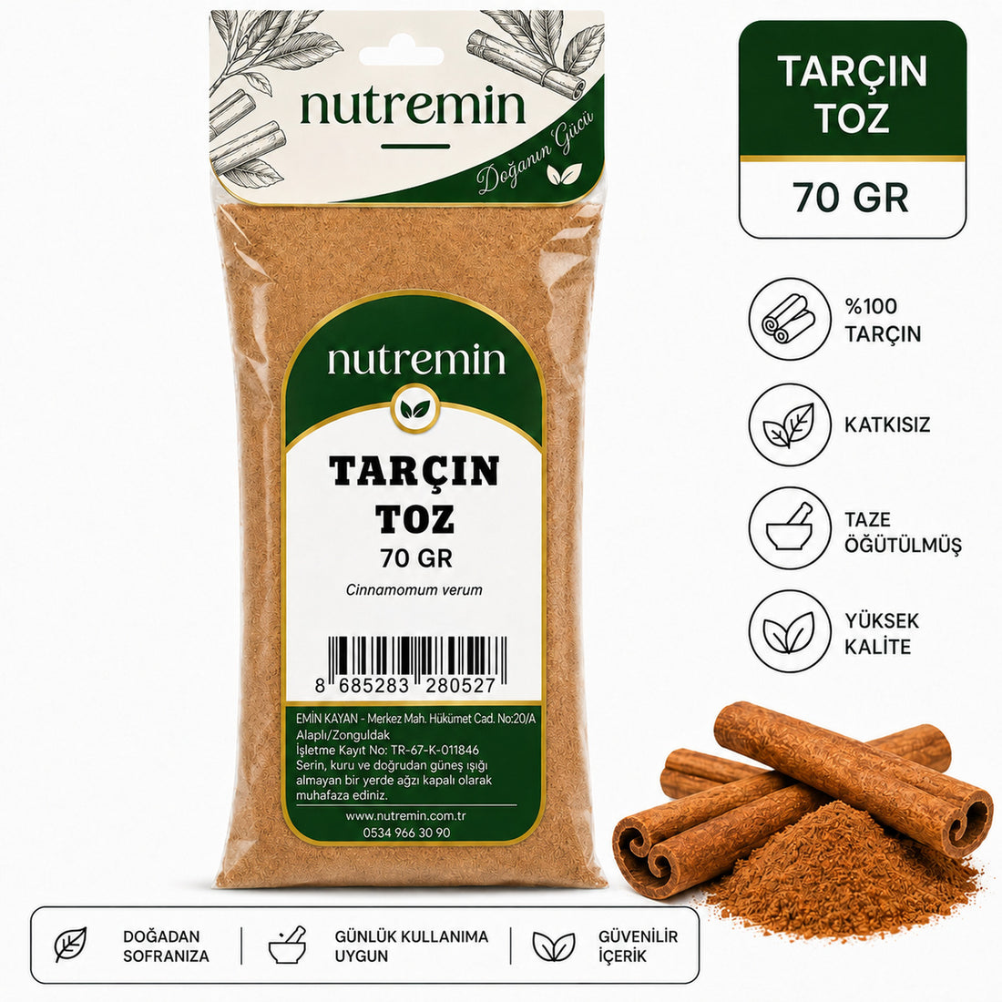 Nutremin Tarçın Toz 70 gr paketinin yanında tarçın çubukları, toz tarçın ve simgeler