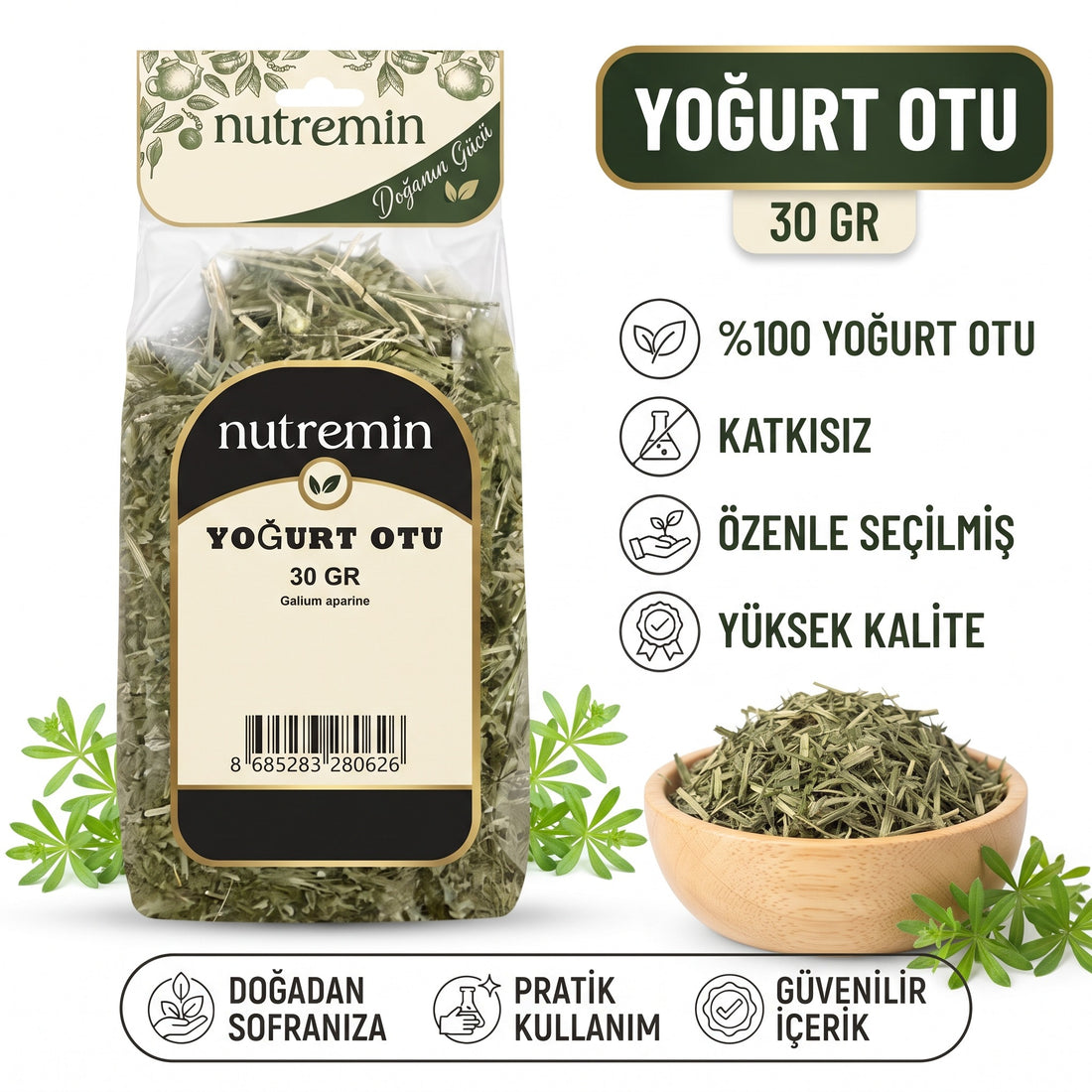 Nutremin Yoğurt Otu 30 gr, paket, özellik simgeleri ve ürün dolu ahşap kase