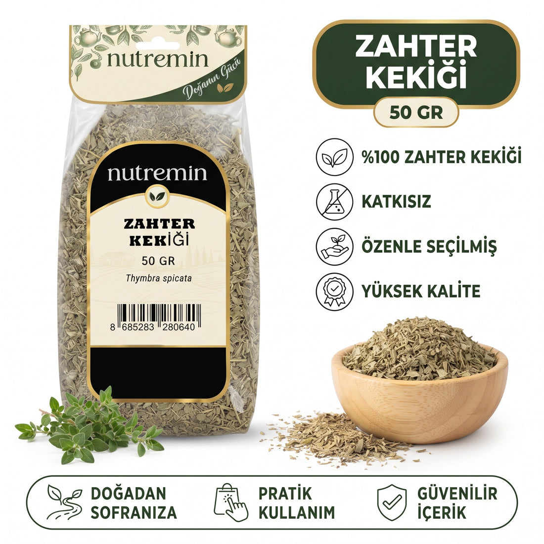 Nutremin Zahter Kekiği 50 gr, paket, özellik simgeleri ve ürün dolu ahşap kase