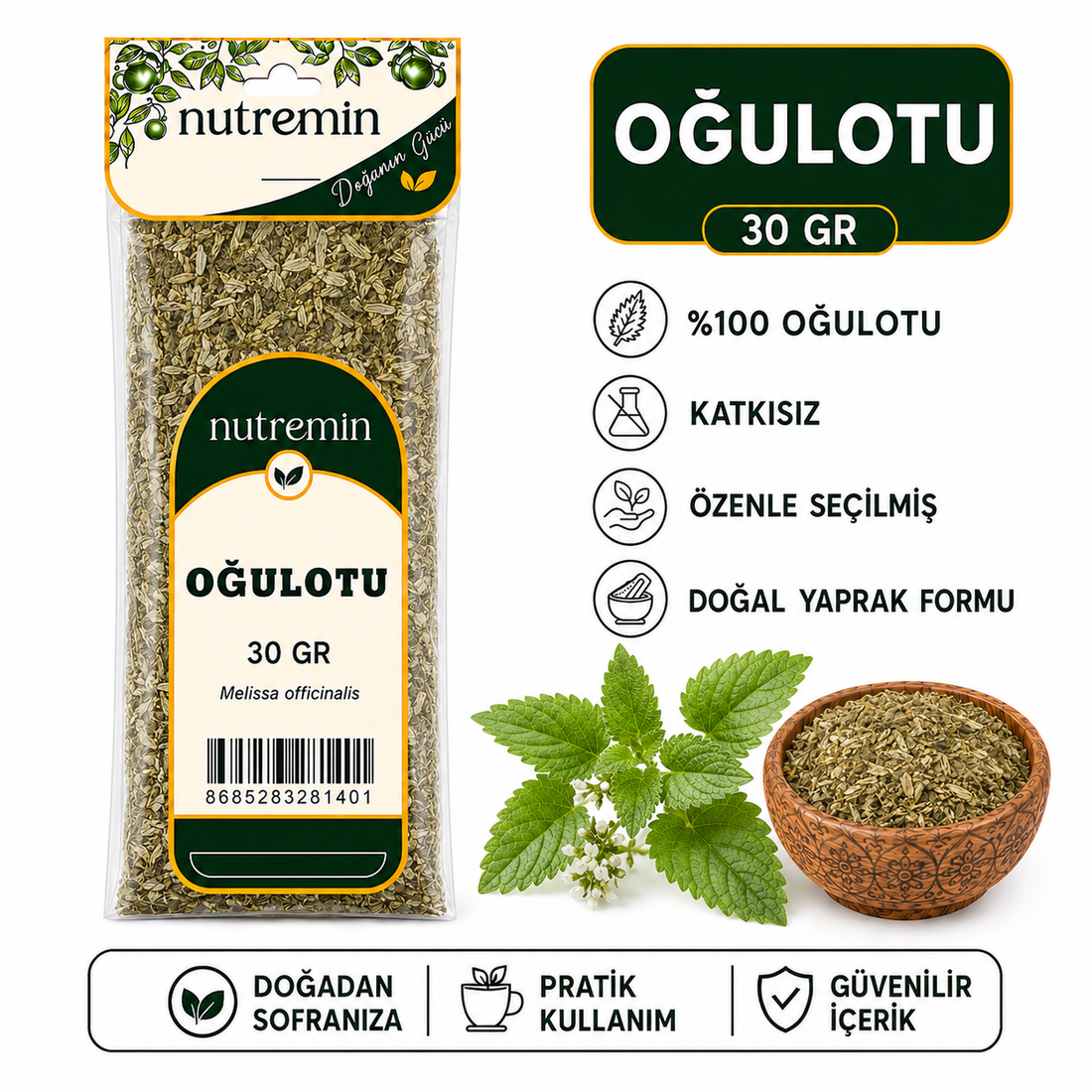 Nutremin Oğulotu 30 gr paket, kuru yaprak dolu kase ve yeşil bitkinin yer aldığı bilgi görseli