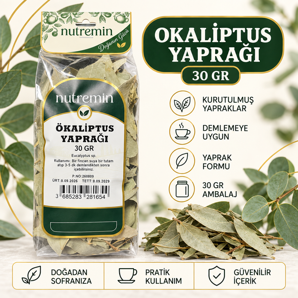 Nutremin Ökaliptus Yaprağı 30 gr, paket ve kurutulmuş yapraklarla hazırlanmış bilgi görseli.