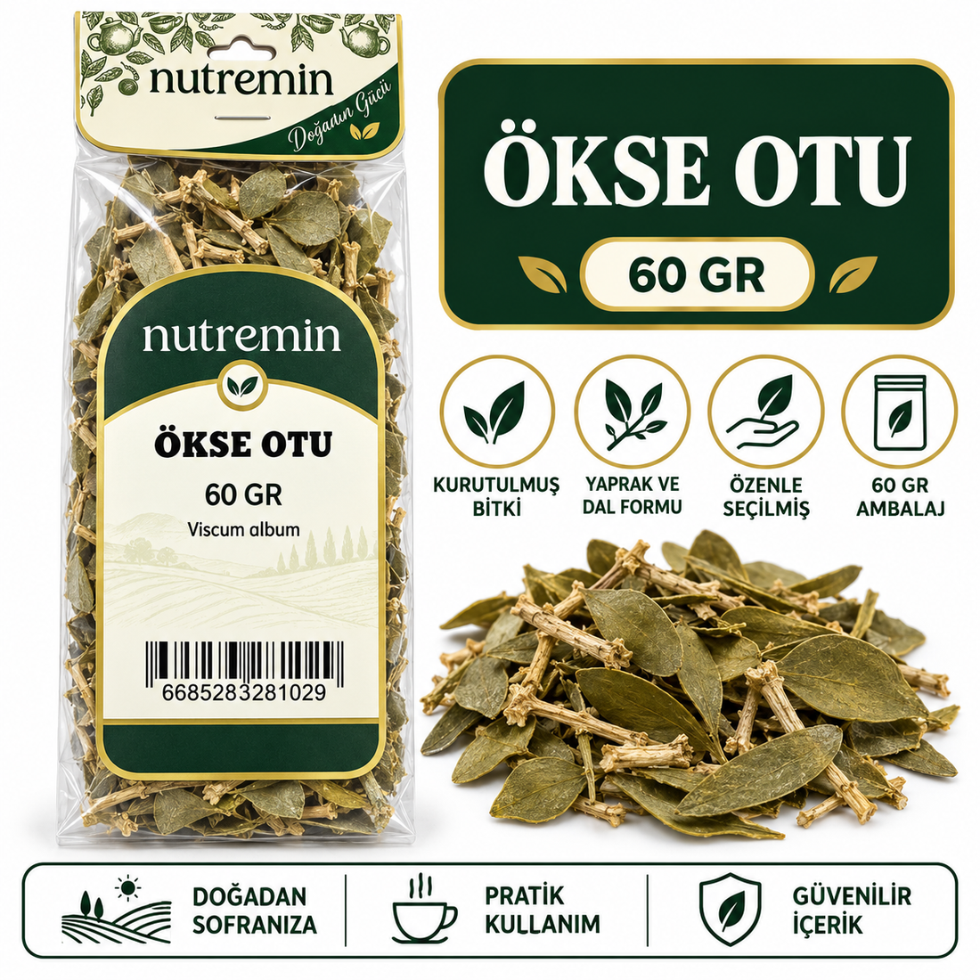 Nutremin Ökse Otu 60 gr, paket, kurutulmuş yaprak ve dal yığını ile simgeli bilgi görseli
