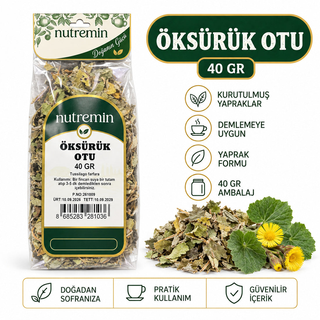 Nutremin Öksürük Otu 40 gr paket, kurutulmuş yapraklar, sarı çiçekler ve simgeli bilgi görseli