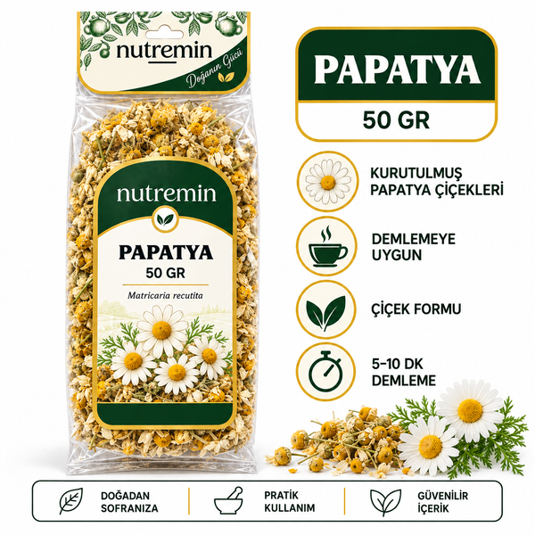 Nutremin Papatya 50 gr, şeffaf paket, papatya çiçekleri ve simgeler içeren bilgi görseli.