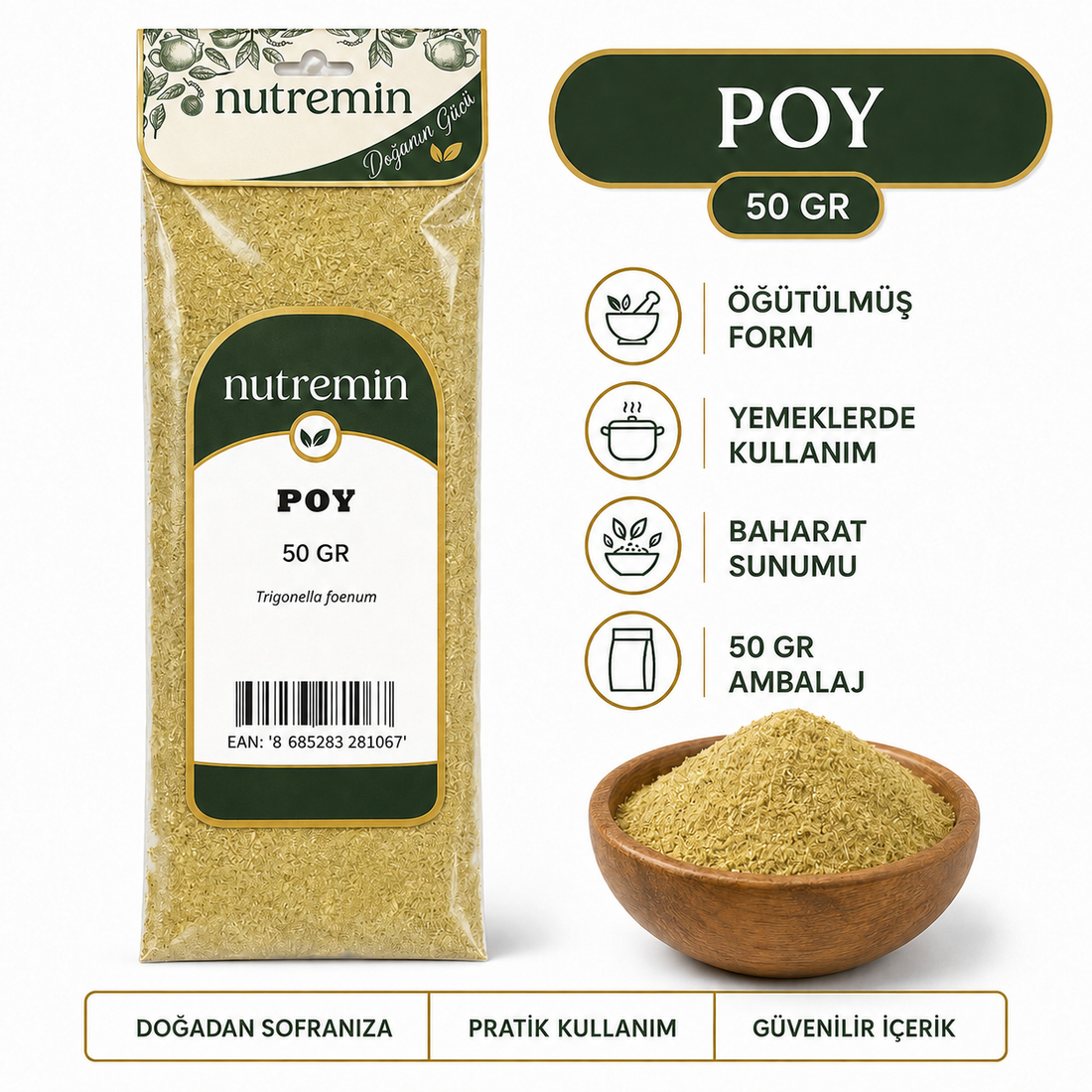 Nutremin Poy 50 gr paket, ahşap kasede baharat ve kullanım simgelerinin yer aldığı bilgi görseli