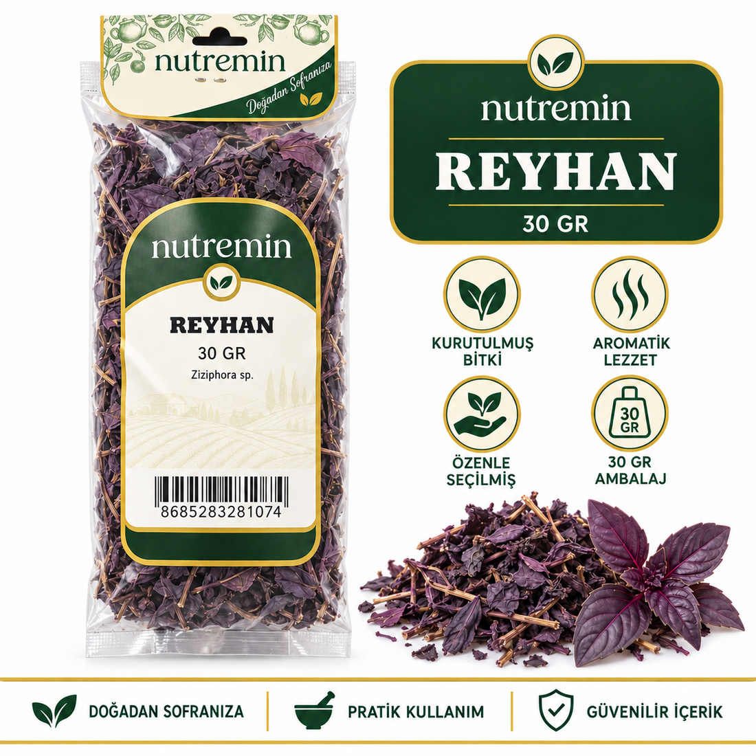 Nutremin Reyhan 30 gr paket, kurutulmuş yapraklar ve ürün özelliklerini gösteren simgeler