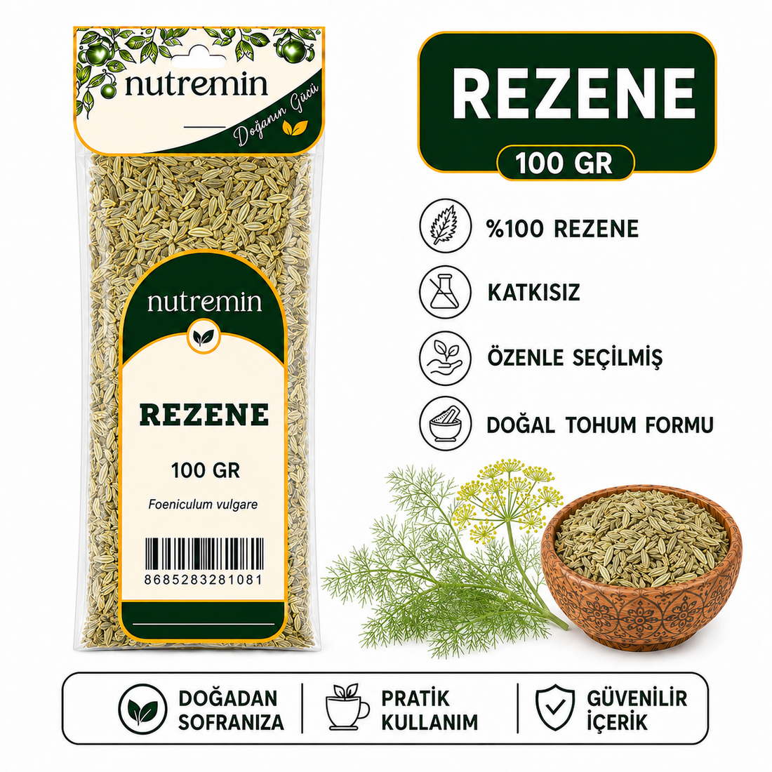 Nutremin Rezene 100 gr, ürün paketi, rezene tohumlarıyla dolu kase ve rezene bitkisi.