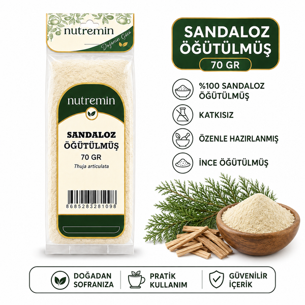 Nutremin Sandaloz Öğütülmüş 70 gr, paket, ahşap kasede toz ve yeşil dallarla ürün görseli