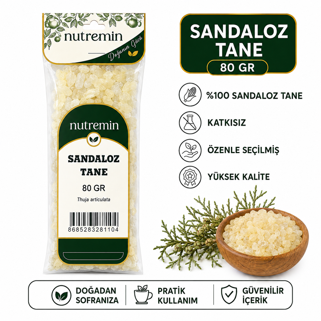 Nutremin Sandaloz Tane 80 gr, paket, reçine taneleriyle dolu ahşap kase ve yeşil dallar