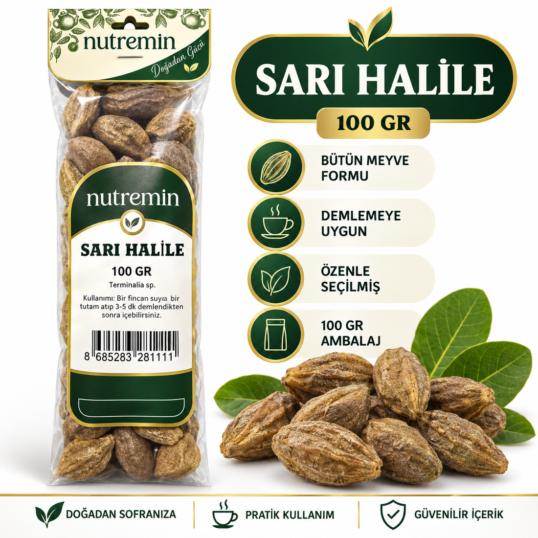 Nutremin Sarı Halile 100 gr, paket ve kuru meyvelerin yanında simgelerle hazırlanmış bilgi görseli