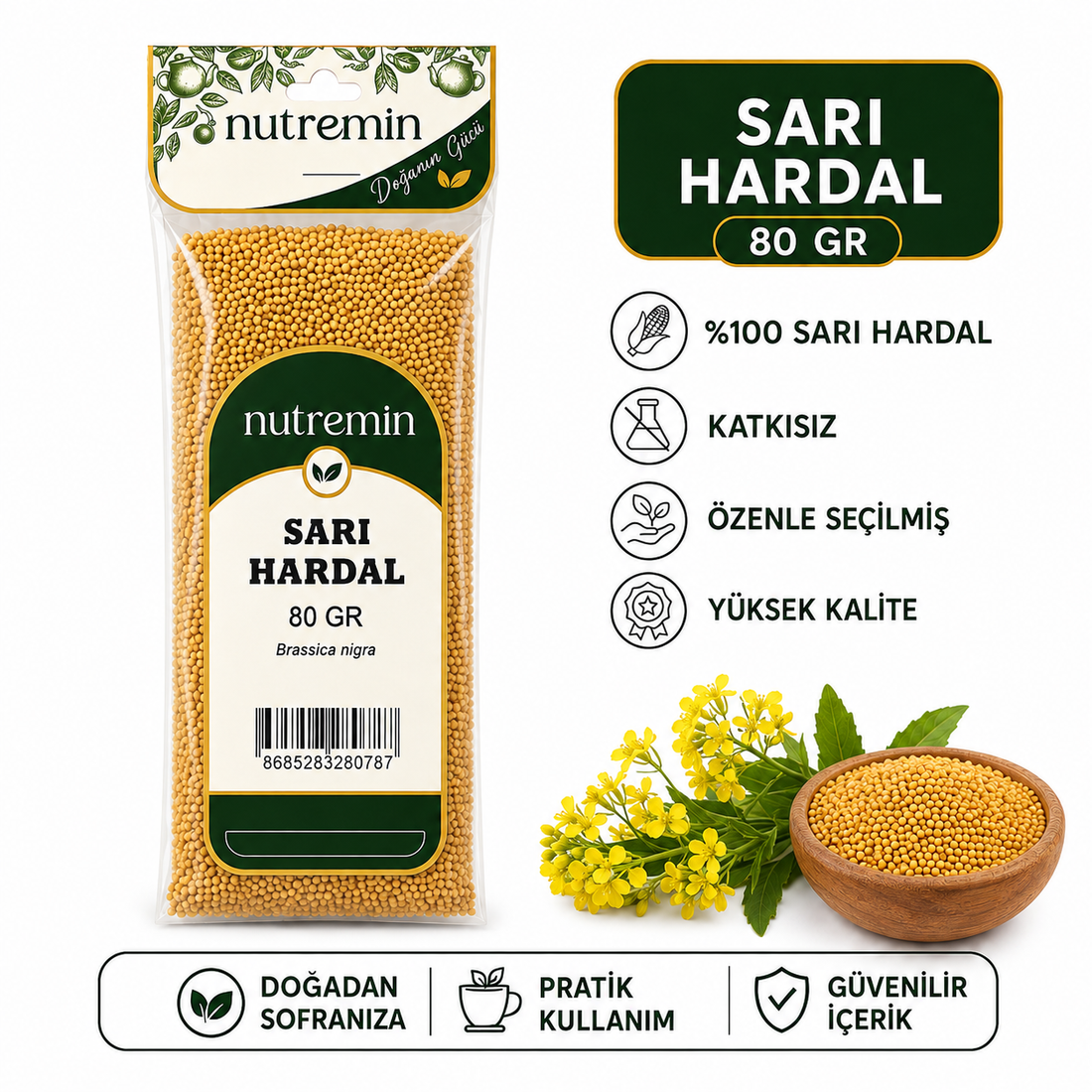 Nutremin Sarı Hardal 80 gr paketinin yanında tohum dolu ahşap kase, sarı çiçekler ve simgeler