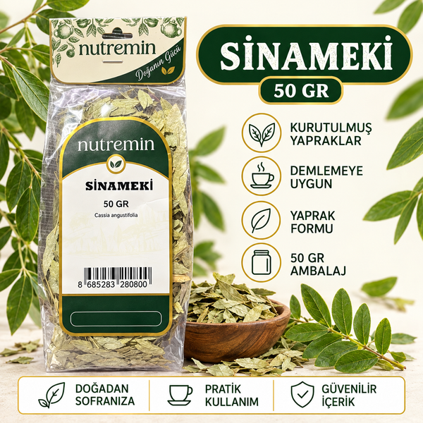 Nutremin Sinameki 50 gr paket, kuru yaprak dolu ahşap kase ve simgeler içeren bilgi görseli