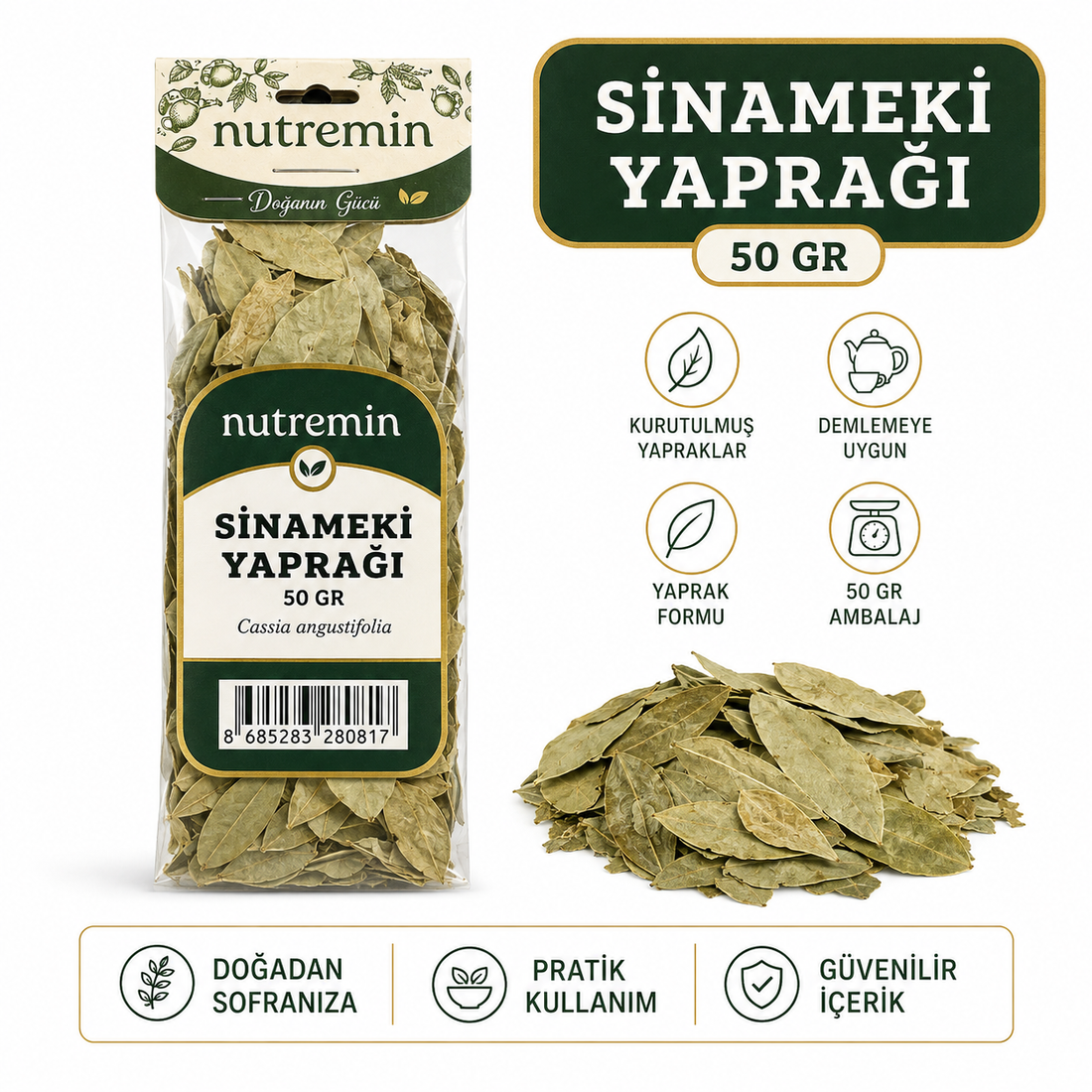 Nutremin Sinameki Yaprağı 50 gr, beyaz fonda şeffaf paket, kuru yaprak yığını ve simgeli bilgi görseli
