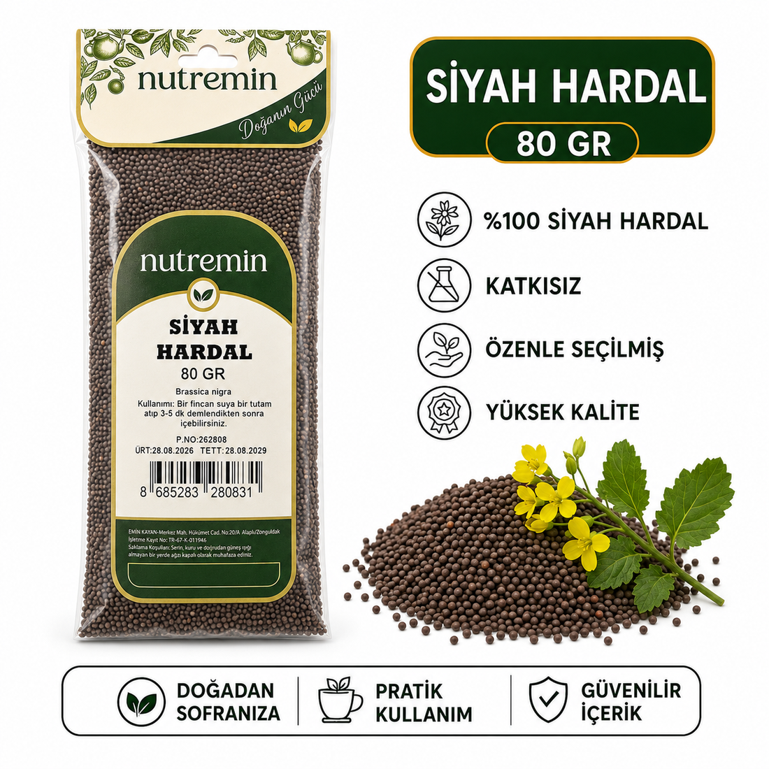 Nutremin Siyah Hardal 80 gr, ürün paketi yanında hardal taneleri ve sarı çiçekli bitki dalları.
