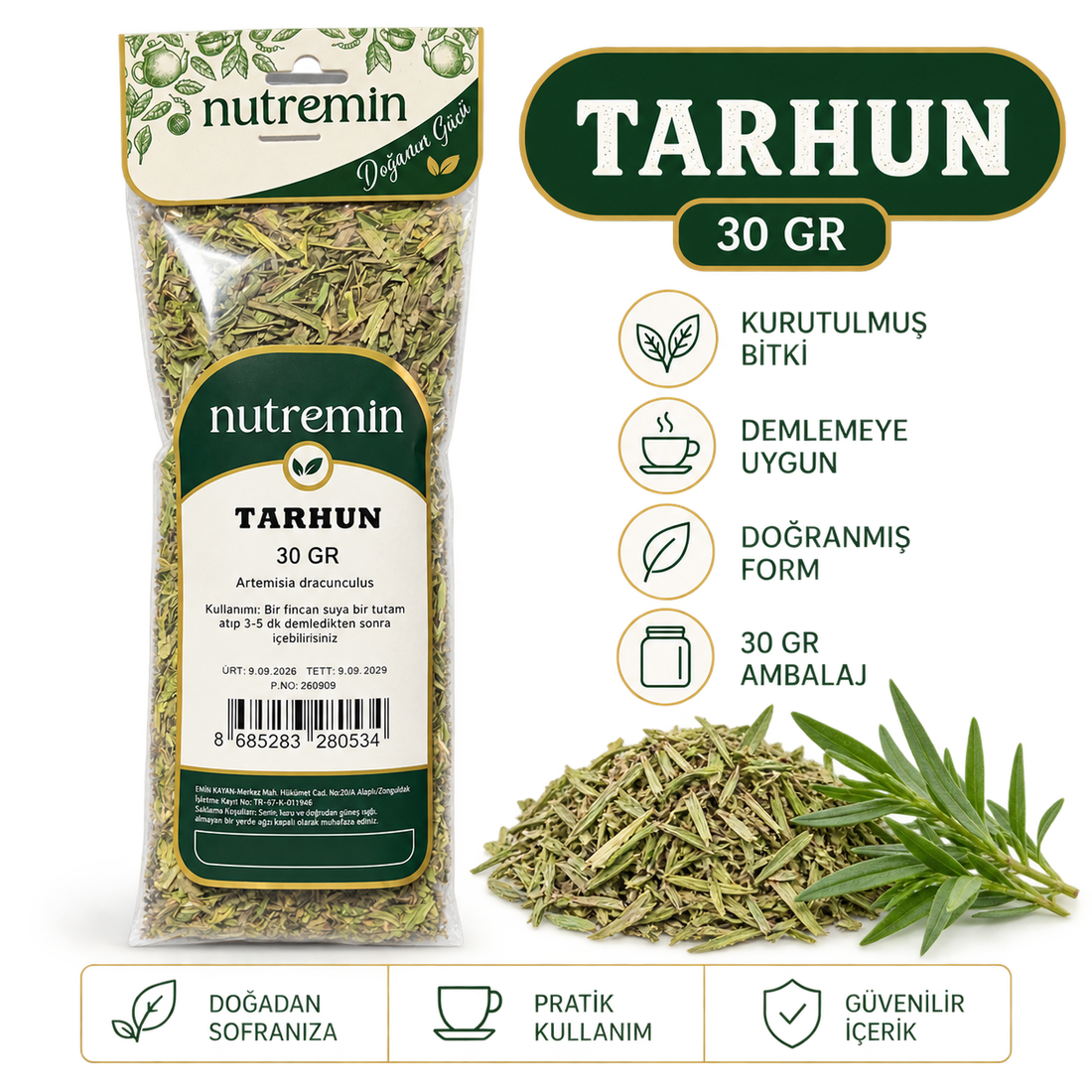 Nutremin Tarhun 30 gr paketinin yanında kurutulmuş tarhun, yeşil dallar ve simgeler