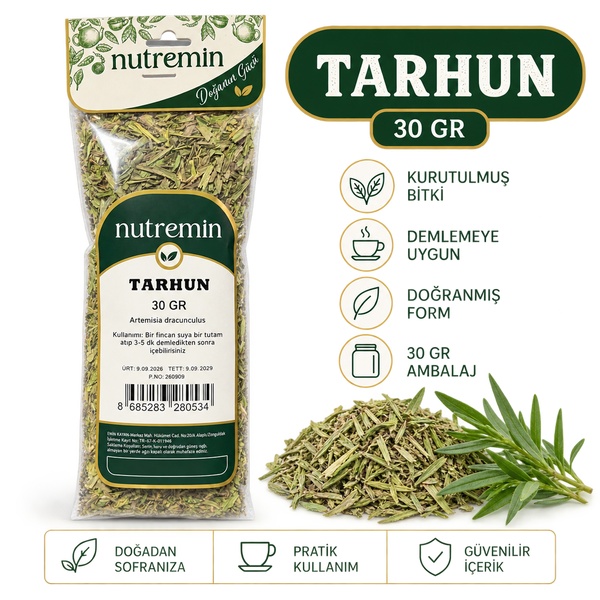 Nutremin Tarhun 30 gr paketinin yanında kurutulmuş tarhun, yeşil dallar ve simgeler