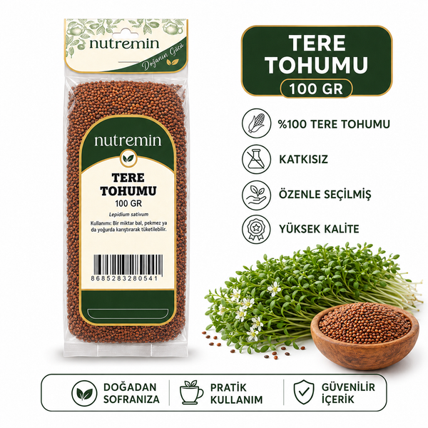 Nutremin Tere Tohumu 100 gr, paket, ahşap kasede tohumlar ve yeşil bitkilerle ürün bilgi görseli