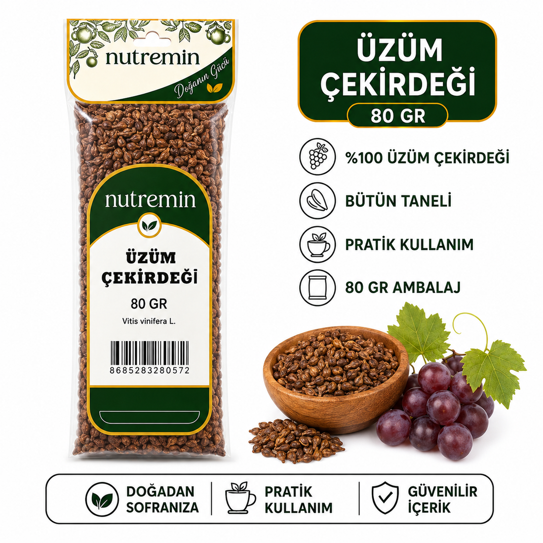 Nutremin Üzüm Çekirdeği 80 gr, paket, ahşap kasede çekirdekler ve mor üzümler
