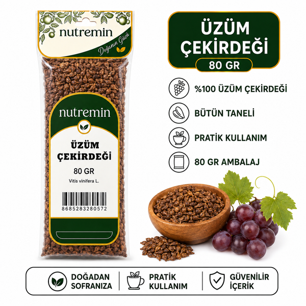 Nutremin Üzüm Çekirdeği 80 gr, paket, ahşap kasede çekirdekler ve mor üzümler