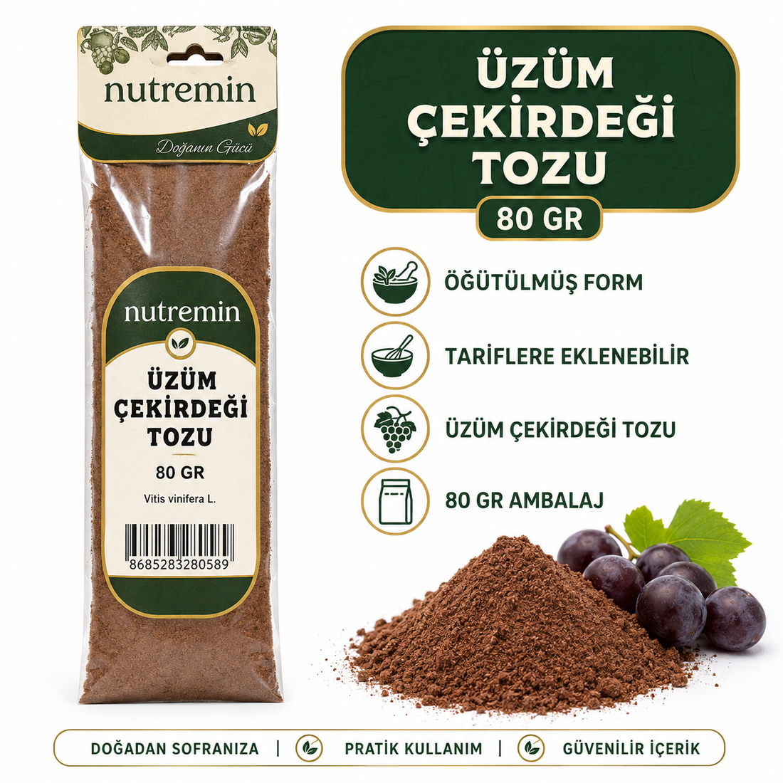 Nutremin Üzüm Çekirdeği Tozu 80 gr, paket, toz yığını, üzümler ve simgeler içeren bilgi görseli.