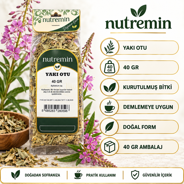 Nutremin Yakı Otu 40 gr, paket, mor çiçekli bitki ve ürün özelliklerini gösteren ikonlu bilgi görseli